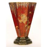 Crown Devon - A 1930s Art Deco trumpet vase of fluted form decorated with gilt and enamel dragons