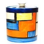 Clarice Cliff - Orange and Blue Square - A small drum shaped preserve pot and cover circa 1929 hand