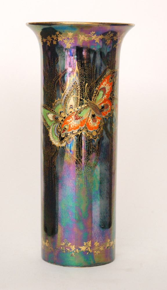 Crown Devon - A 1930s Art Deco cylinder vase decorated with lustre and gilt butterflies against an