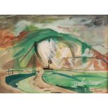 Clifford Fishwick (1923-1997) - Landscape with distant chimney, gouache, signed, framed,