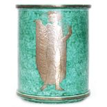 Wilhelm Kage - Gustavsberg - A 1930s Art Deco Argenta Ware cylinder vase decorated with an applied