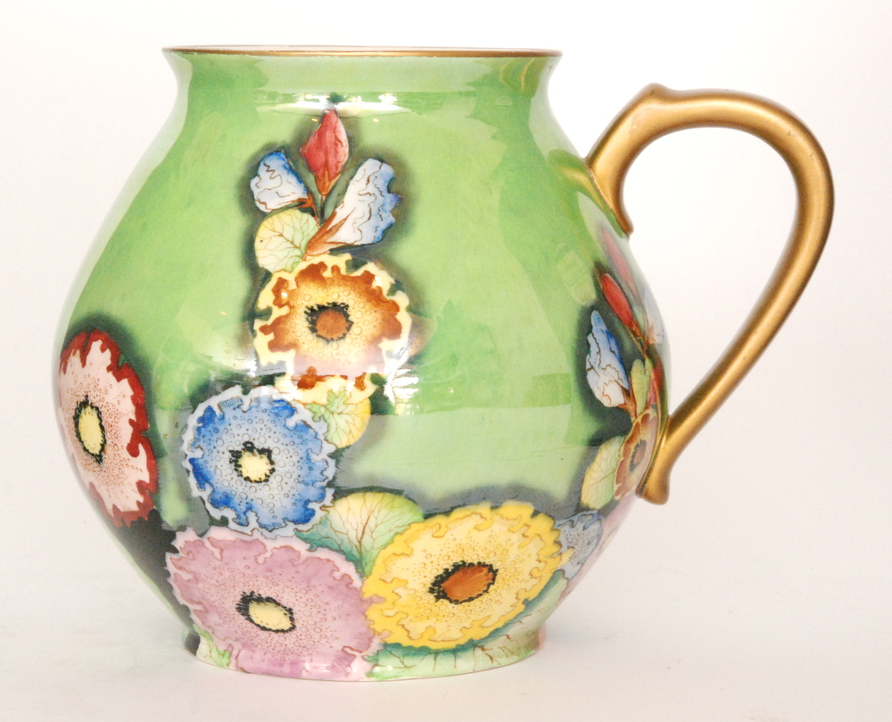 Carlton Ware - A 1930s Art Deco flower jug decorated in the gilt and enamel Hollyhocks pattern