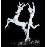 Istvan Komaromy - A figural lamp work group of Diana the Huntress with a leaping stag in tonal