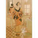 Ian Grant (1904-1993) - Study of a lady standing in her bathroom wearing silk pyjamas and robe',