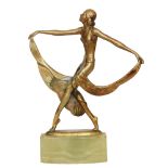 Unknown - A 1930s Art Deco bronzed and painted figure of a lady stood on an onyx plinth,