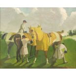 Doris Zinkeisen (1898-1991) - 'Horses and Grooms', oil on canvas, signed, painted circa 1950,