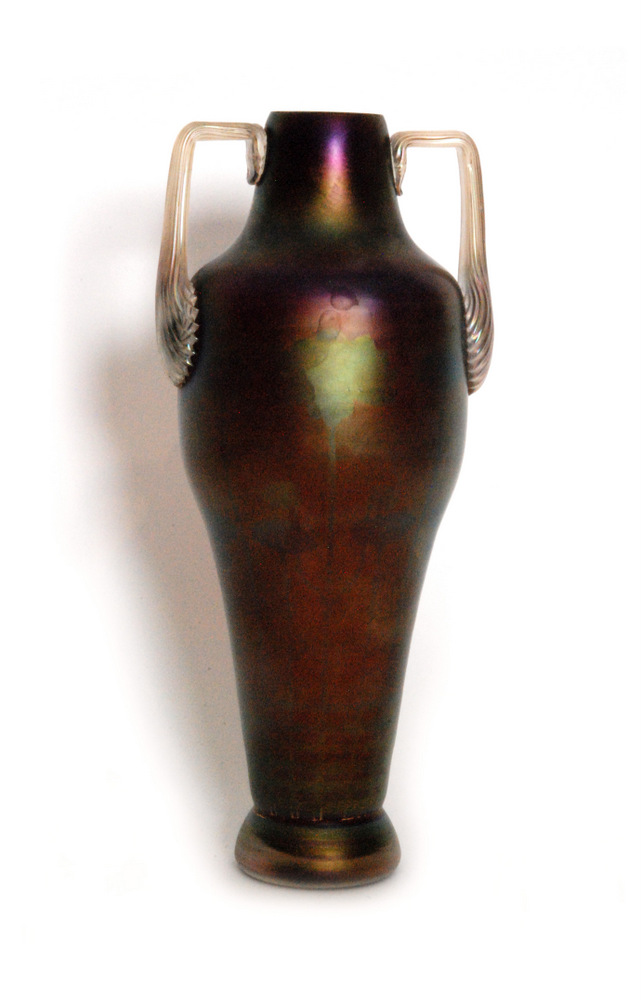 Loetz - A late 19th Century vase of slender shouldered ovoid form with applied pulled angular