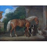 ENGLISH SCHOOL (LATE NINETEENTH CENTURY) - A Pony and Two Dogs at the steps of a hall, oil on panel,