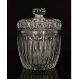 A 1930s Royal Brierley clear cut crystal biscuit barrel of cylindrical form with domed cover cut
