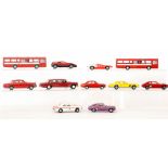 Two Dinky Ford Capris in purple and red, a Mercedes Benz CIII, a Ford Escort, a Ford Cortina,
