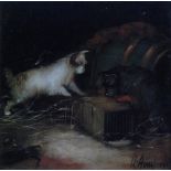 GEORGE ARMFIELD (1808-1893) - Terriers with a caged rat in a barn interior, oil on panel, signed,