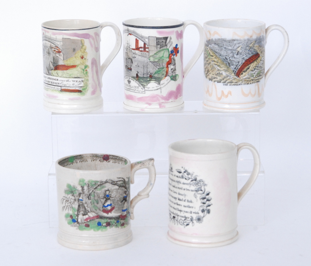 Five assorted 19th Century frog mugs comprising one with a transfer print of children playing on a