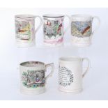 Five assorted 19th Century frog mugs comprising one with a transfer print of children playing on a