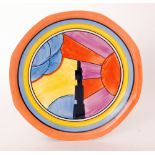 A large contemporary Bizarre Craft pottery plate by Marjory Higginson hand painted in the Sunray