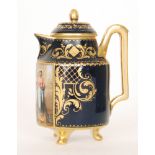 A small late 19th to early 20th Century Vienna lidded jug decorated with a hand panted scene of two