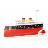 An Arnold three funnel ocean liner, cream deck with detachable masts, red and black hull, boxed,