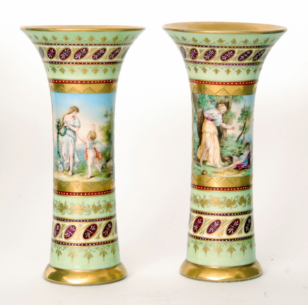 A pair of late 19th to early 20th Century Vienna type trumpet vases,