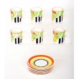 A set of six contemporary Bizarre Craft pottery coffee cans and saucers by Rene Dale hand painted