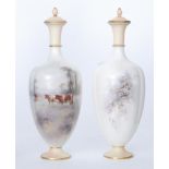 A pair of Grainger and Co Royal China Work vase and covers panel decorated by John Stinton with