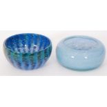 A 1930s Monart style glass bowl of shallow roll rim form decorated with internal pale blue mottling