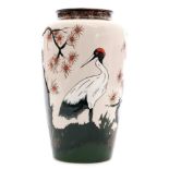 A large boxed Cobridge Pottery Stoneware vase decorated with a Japanese landscape with cranes