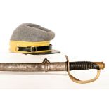 A US pattern sabre and scabbard with leather wire handle and open brass guard,