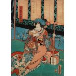 TOYOKUNI III (1786-1865) - Courtesan holding a shamisen, woodblock print, published 1853, framed,