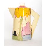 An original Clarice Cliff Conical coffee pot later hand painted by Bizarre Girl Rene Dale in a