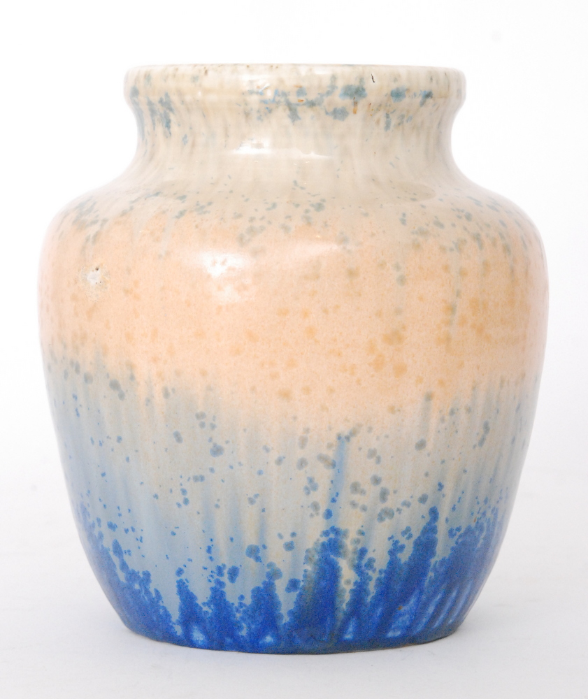 A Ruskin Pottery crystalline glaze vase of ovoid form with a flared collar neck,
