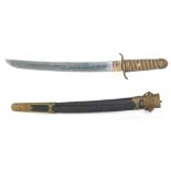 A 20th Century Japanese Wakashashi and scabbard, ray skin grip and brass mounts ,