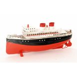 A Fleischmann twin funnel liner with stepped and brown painted deck, red and black hull,