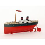 An Arnold two funnel liner with single mast and flag, lithographed brown deck, black and red hull,