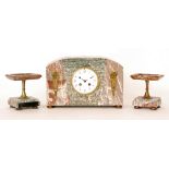 An Art Deco French clock garniture in green and pink marble case with applied gilt metal mounts,