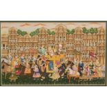 INDIAN SCHOOL (EARLY TWENTIETH CENTURY) - A Royal Procession Passing a Palace, gouache on silk,