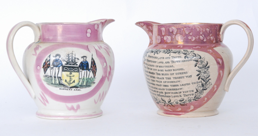 A 19th Century Sunderland lustre water jug decorated with a transfer and hand tinted scene of