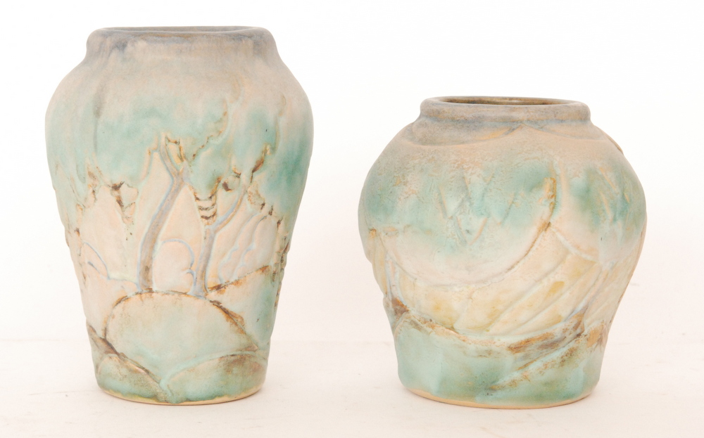 Two 1930s/1940s Art Deco Bourne Denby vases, attributed in design to Donald Gilbert,