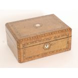A Victorain Tunbridgeware work box fitted with cotton reels, needlecases and pin cushions,