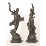 A pair of early 19th Century spelter figures Science and History, each set to a turned wooden base,