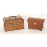 A 19th Century mahogany string inlaid three divisioned tea caddy width 25cm and a small two