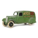 A Dinky No 28n pre war Atco delivery van, green white tyres red and gold livery to sides.