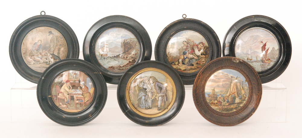 Seven assorted 19th Century Staffordshire pot lids comprising A Pair, I See You My Boy,