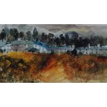 SUE HOWELLS (CONTEMPORARY) - A View of a Village over an Autumnal Field, watercolour,