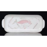 A 1950s Poole Pottery rectangular sandwich plate decorated with a hand painted pink fish,