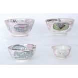 Four assorted 19th Century Sunderland lustre footed bowls comprising one with scenes of 'The