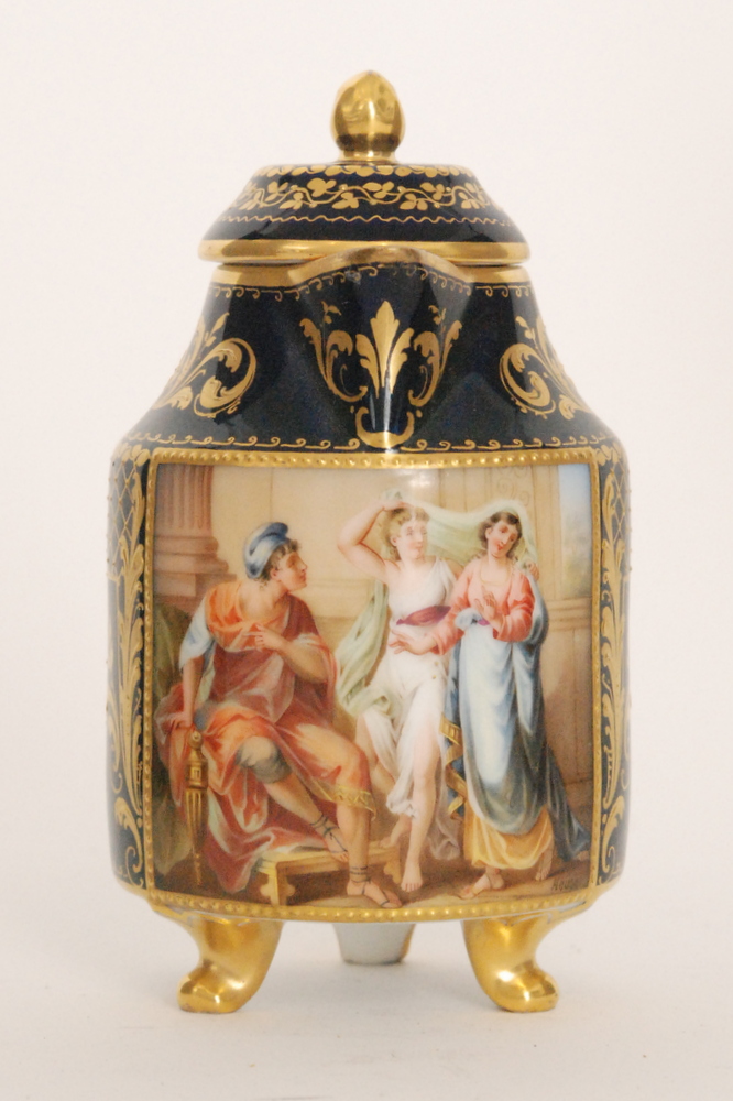 A small late 19th to early 20th Century Vienna lidded jug decorated with a hand panted scene of two - Image 2 of 2