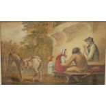 E HAND (EARLY 19TH CENTURY) - Figures outside a tavern, watercolour, signed with initials, framed,