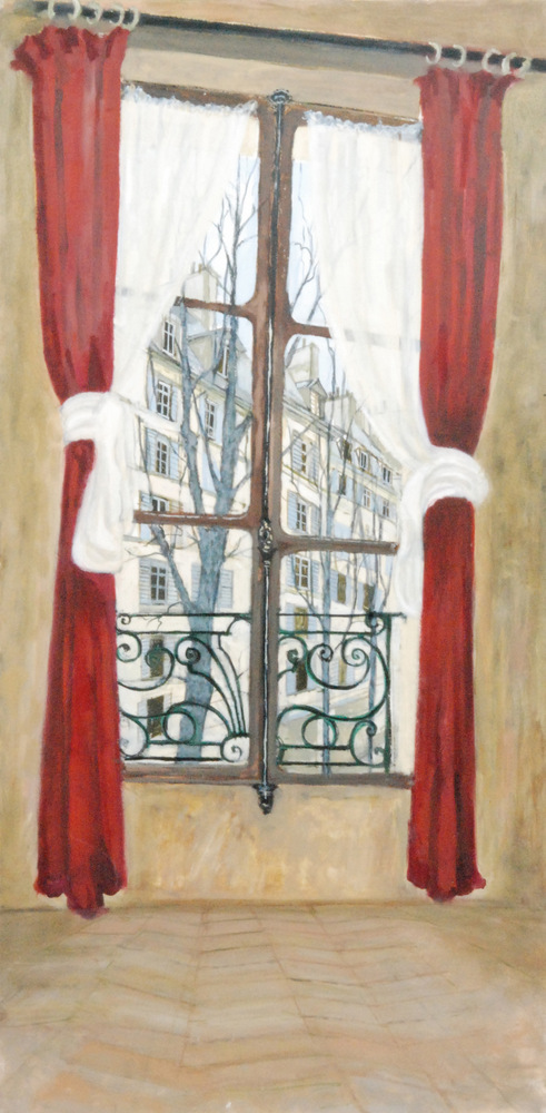 RICHARD BEER (1928 - 2017) - The red curtains, oil on canvas,unsigned, unframed, 121cm x 60.5cm.