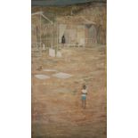 RICHARD BEER (1928 - 2017) - Little boy standing in front of beach huts, oil on canvas,unsigned,
