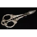 A pair of Sterling silvered handled grape scissors with fruiting vine decoration below steel blades,