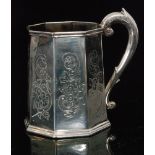 A Victorian hallmarked silver christening cup of hexagonal form with part engraved decoration and